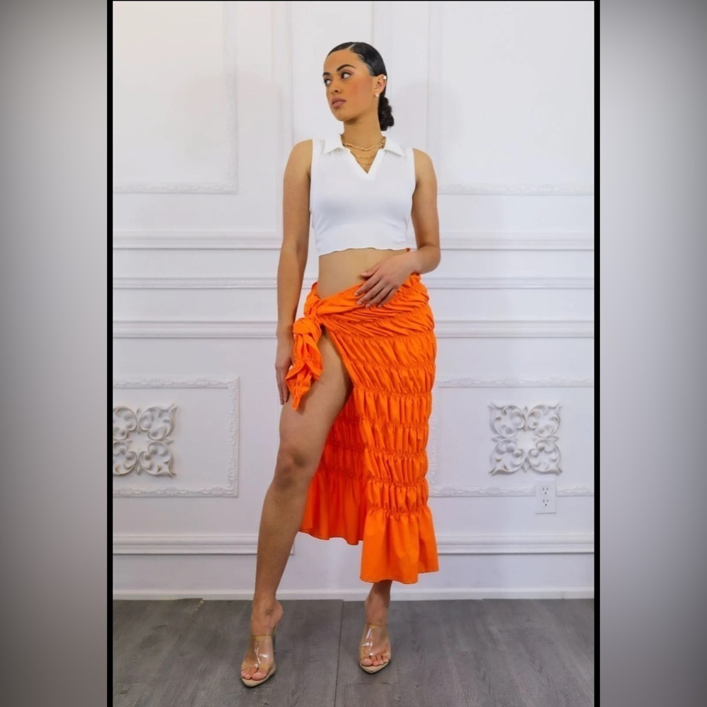 Vibrant Orange Ruched Women's Skirt - Picture 3 of 6